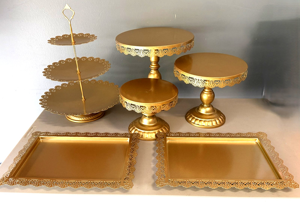 6 Pc Gold Metal Dessert Table Display Set, Cake Stand, Cupcake, 3-Tier Party Set